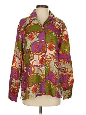 Vintage Purple, Orange, Olive, Neon Green Paisley Button-Up Blouse